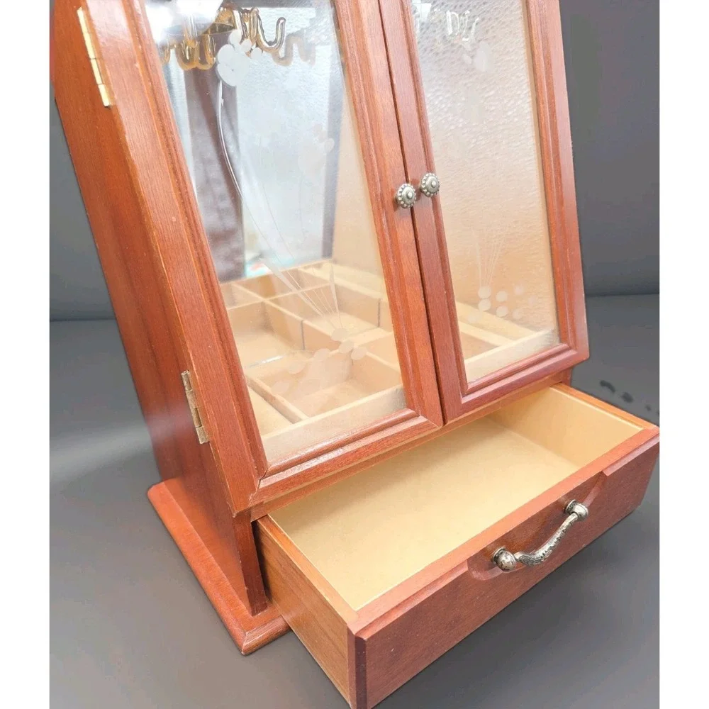 Vintage Wooden Jewelry Box Armoire Etched Glass Doors Rotating Carousel Mirror